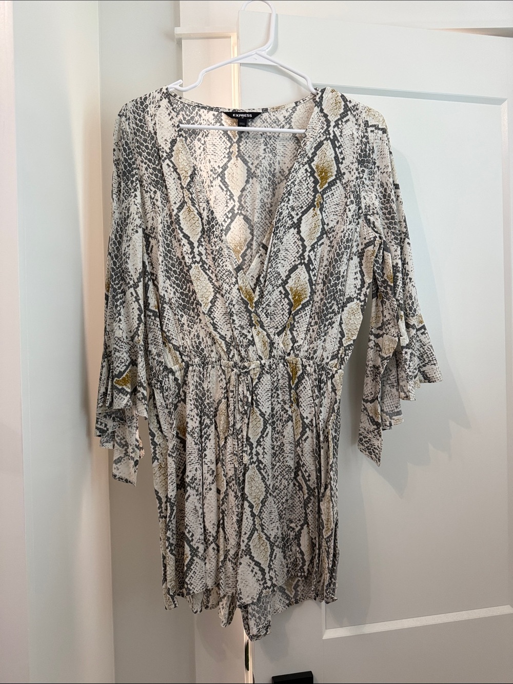 Express Snake-Print Wrap Romper Dress in White, Gray & Tan